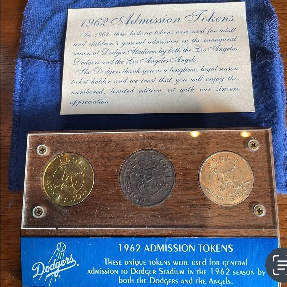 1962 LA Dodgers Angels Admission Tokens (3) in Display with cover